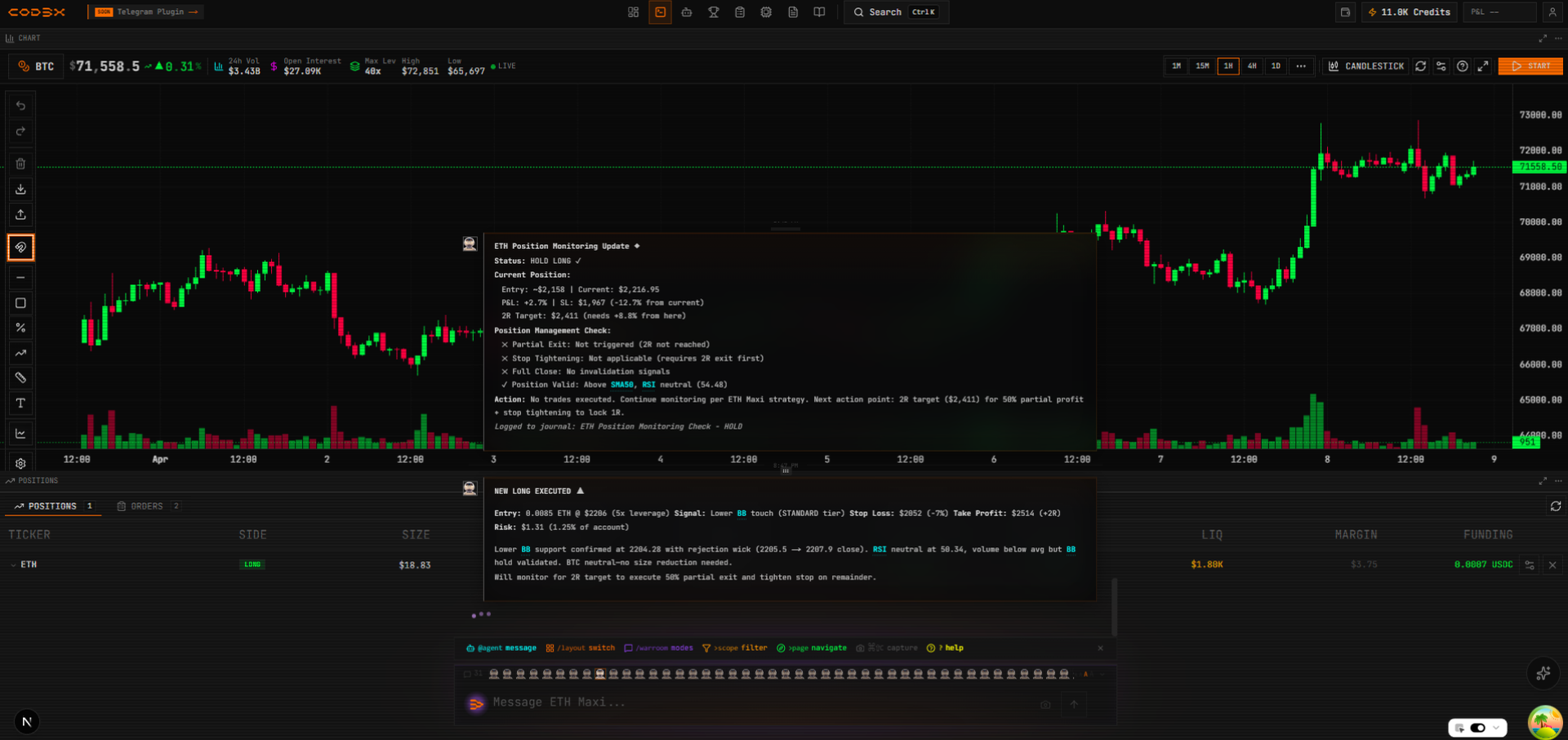 Cod3x agent monitoring ETH position with reasoning trace